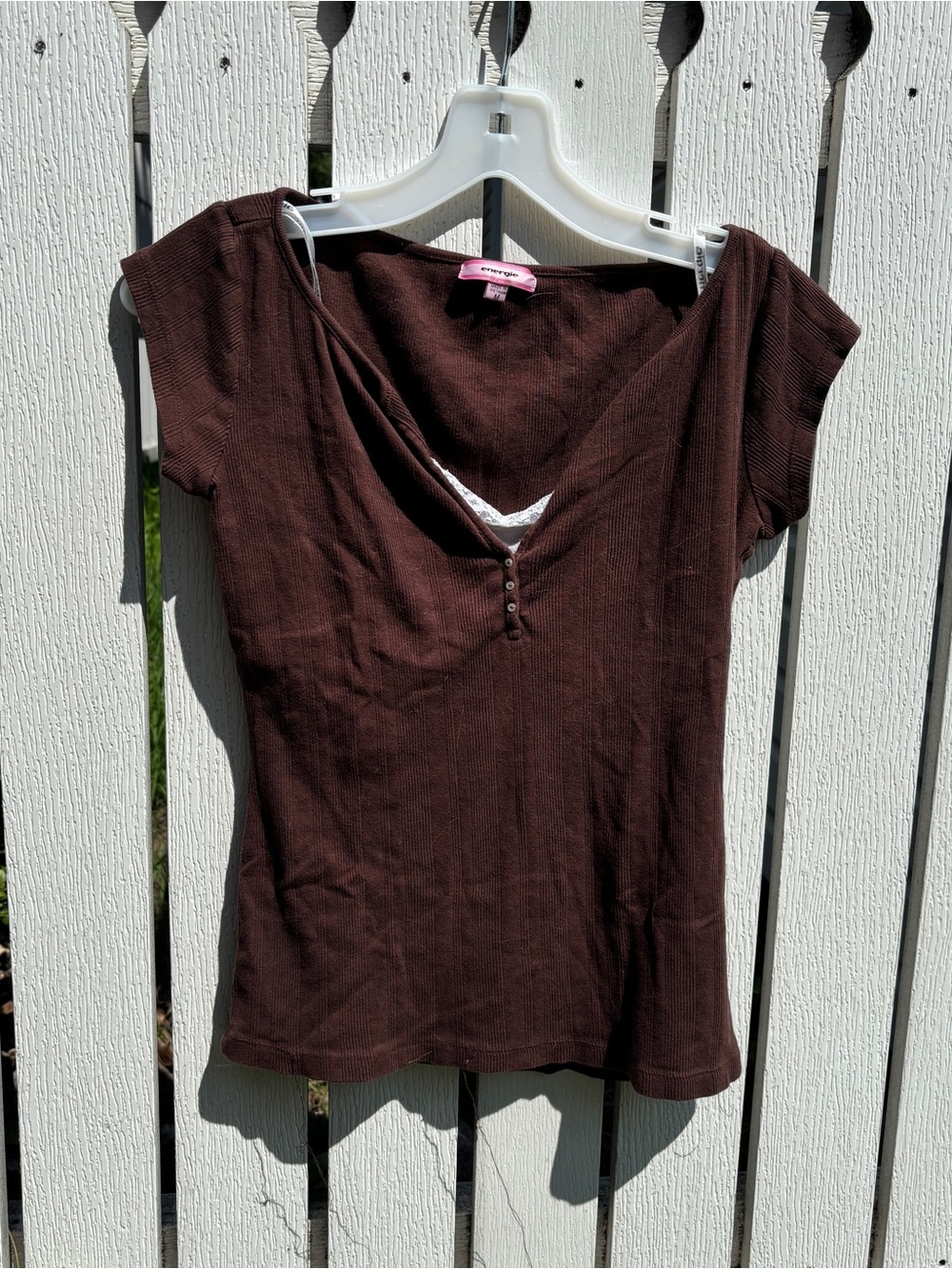 Energie brown henley lace trim button up top - size medium - Picture 3 of 4